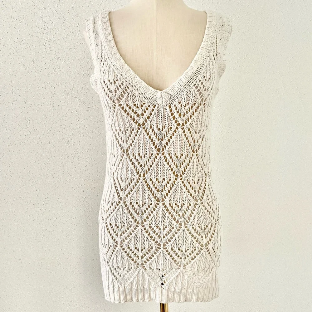 ANN TAYLOR LOFT Women's sz Medium Cream Crochet Knit Sleeveless Tunic Top Beach - Picture 2 of 6